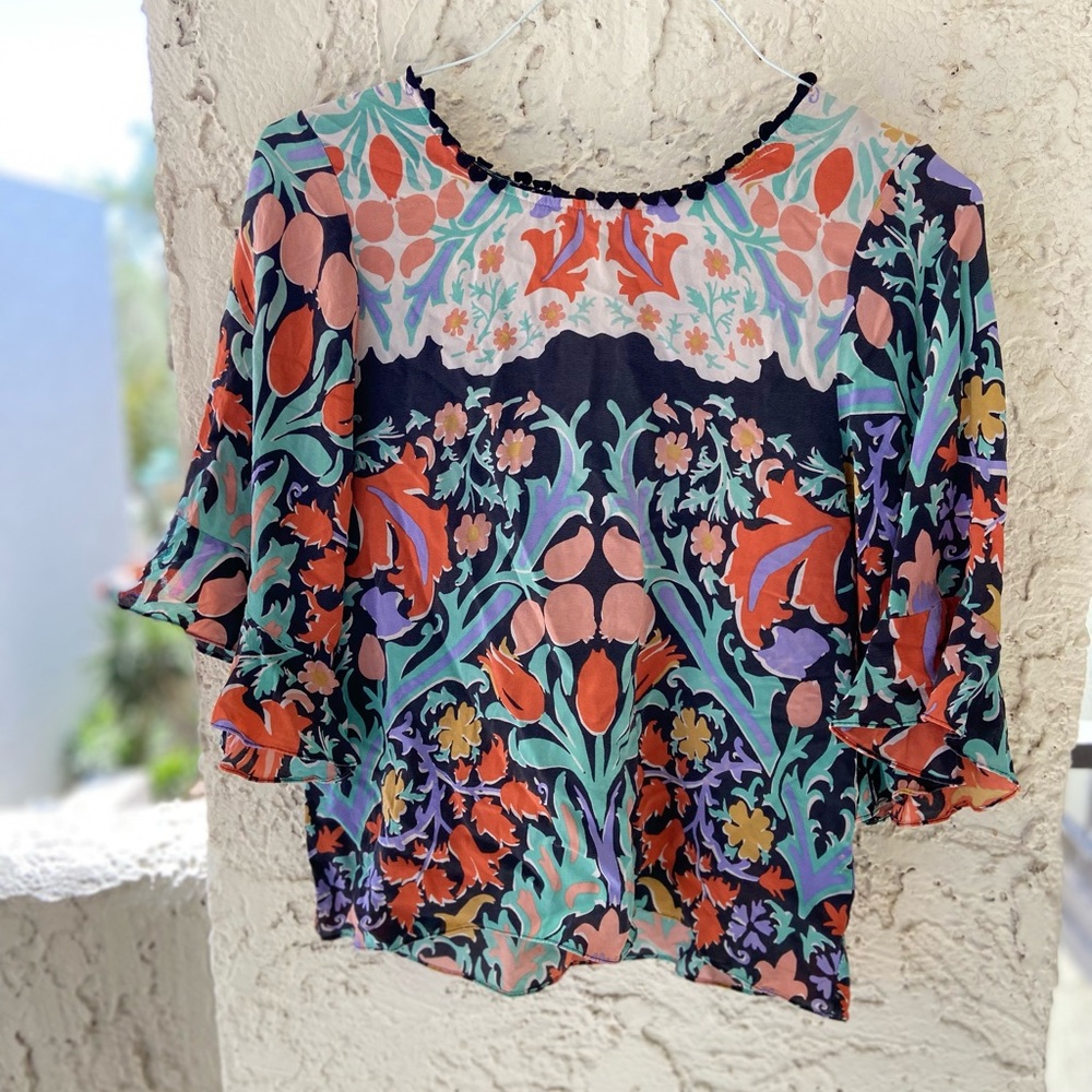 Maeve Anthropologie Silk Folk Art Floral Blouse Kimono Sleeve Top Womens 4